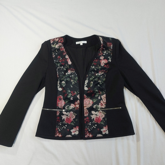 Cleo Open Front Floral Lined Black Pink Blazer Jacket, Medium - Picture 5 of 15